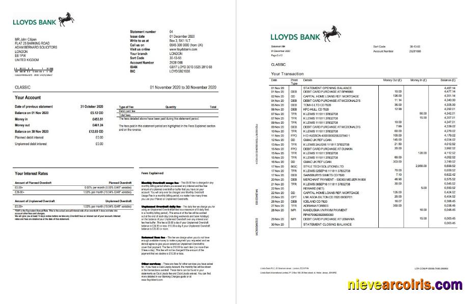 United Kingdom Lloyds bank statement in Word and PDF format, good for address prove (2 pages)